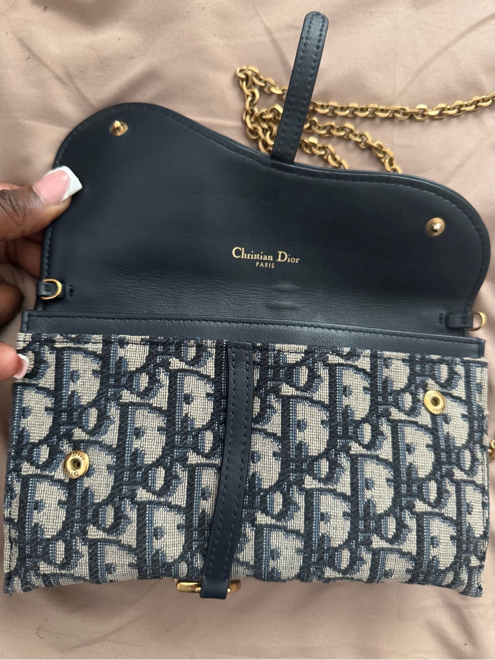 Dior Blue Oblique Canvas Saddle-Style Crossbody with Gold Chain - Picture 3 of 8